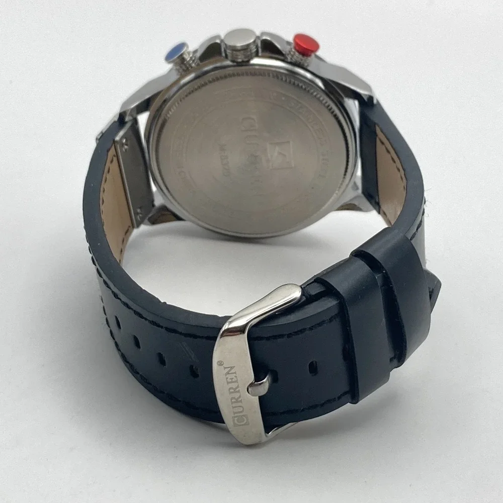 Curren Men's Chronograph Watch 48mm Silver Tone Black Date WR New Battery 10